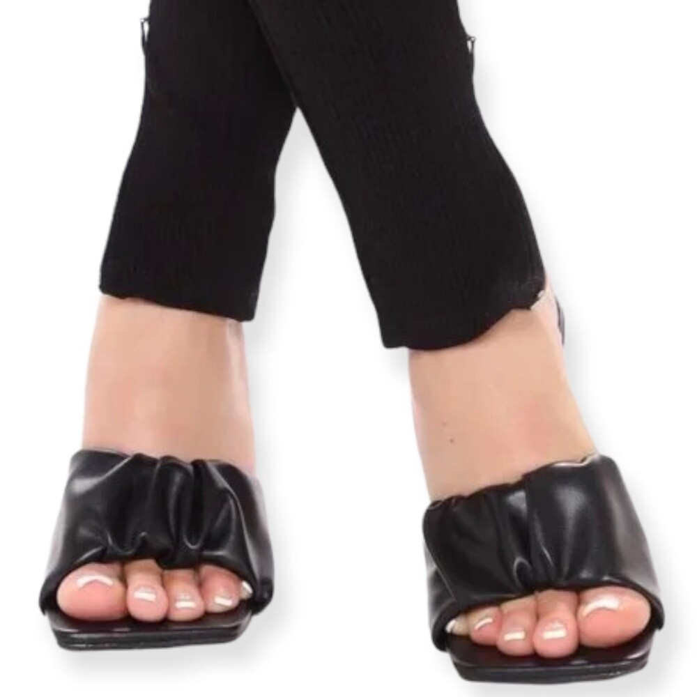 Fashion Nova Ruffled Square Toe Black Mules
